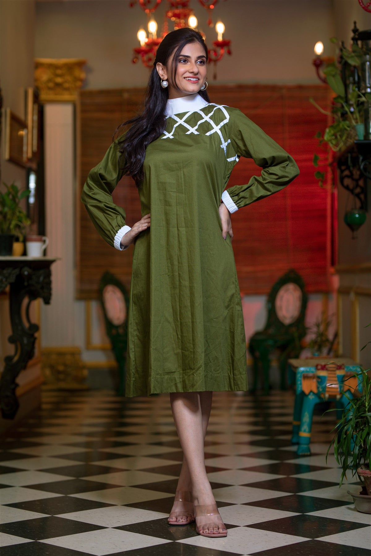 Olive Crisscross Cotton Dress