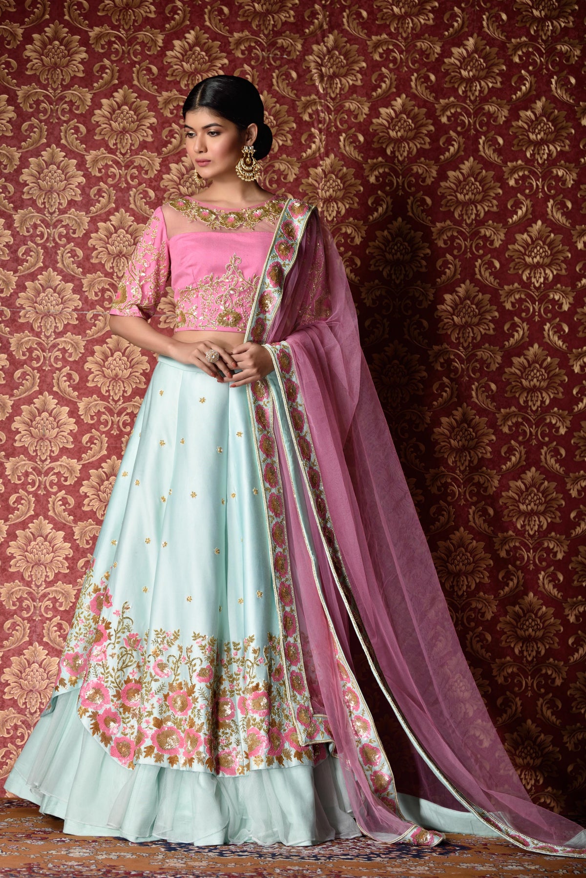 Sky blue and pink lehenga