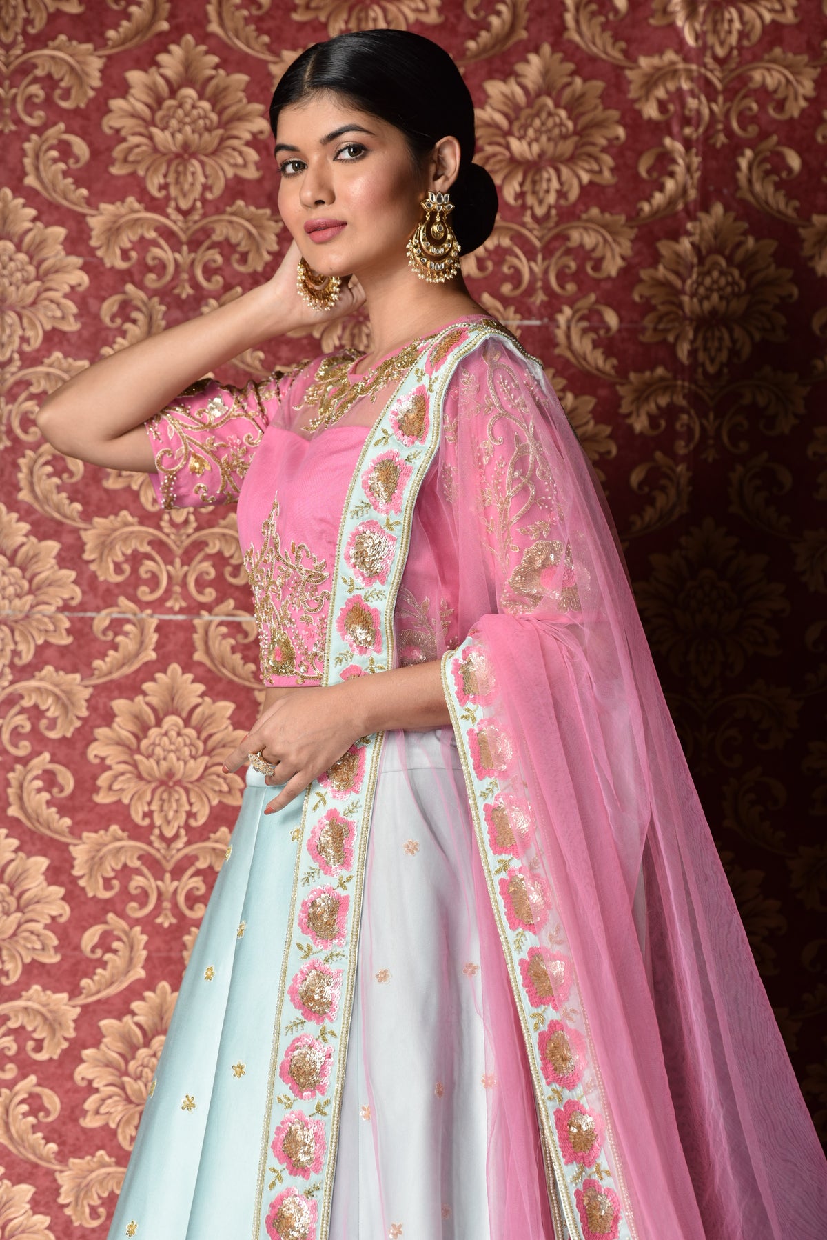 Sky blue and pink lehenga